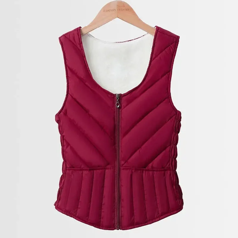 2024 New Women Fleece Vests Autumn Ultra-light Sleeveless Jacket Winter Cotton Padded Lambswool Warm Elastic Waistcoat Female