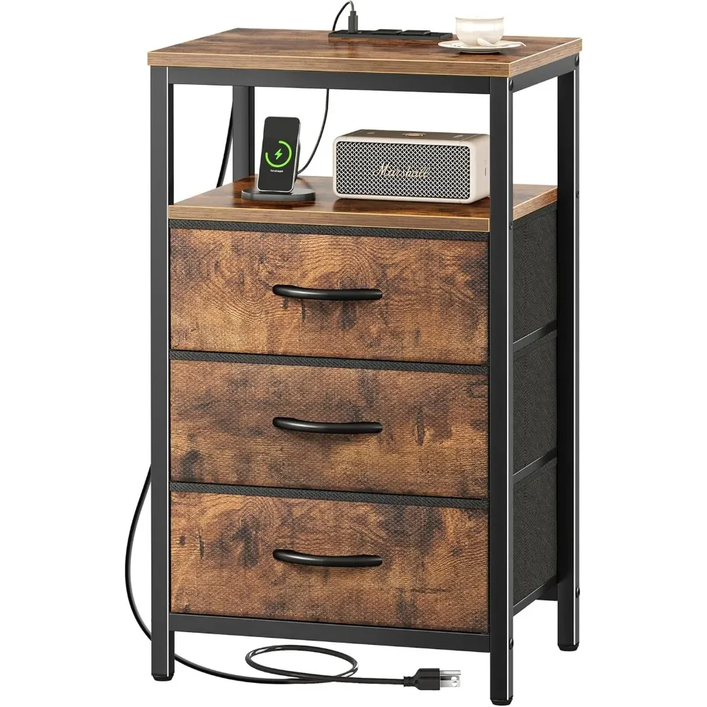 

Bedside Table with Fabric Drawers, End Table Side Table with USB Ports and Outlets, Night Stand for Bedroom