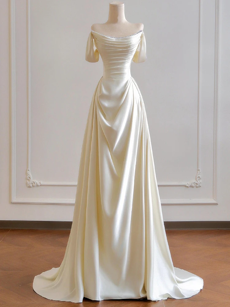 

Элегантное свадебное платье из атласа с легким шлейфом, белое, для невесты, для свадебной церемонии в отеле, с бретельками, длинное