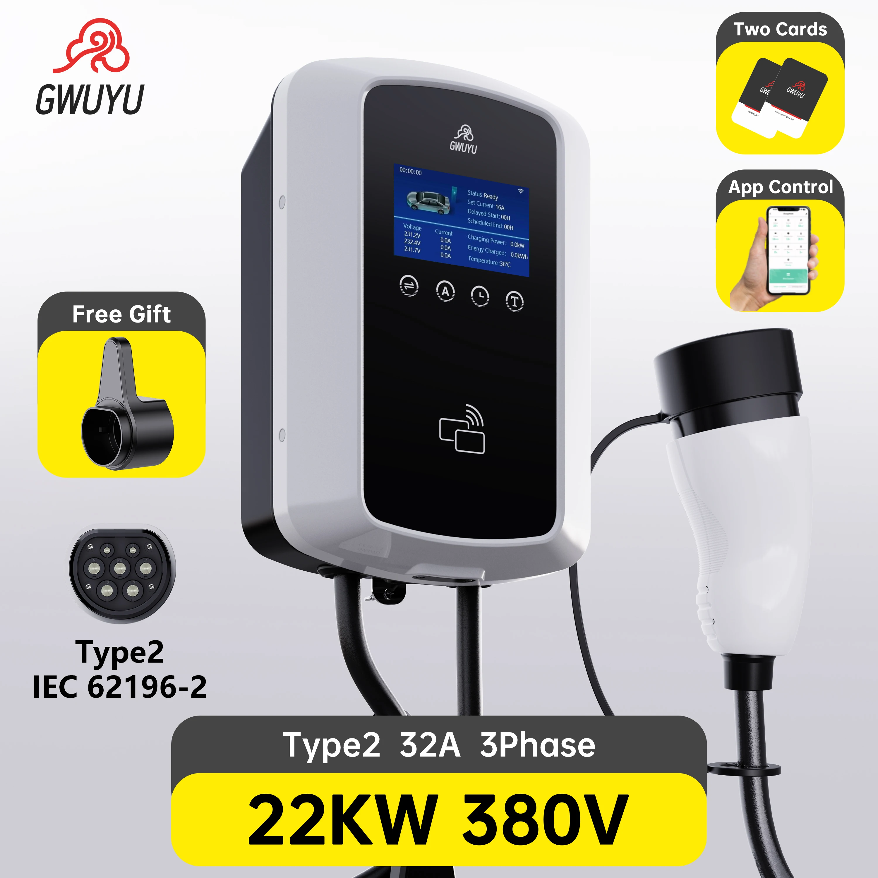 EV Wallbox Charger 1Phase 32A 7KW 3Phase 11KW 22KW Type2 IEC62196-2 Plug EVSE Charging Station APP Control for Electric Vehicle