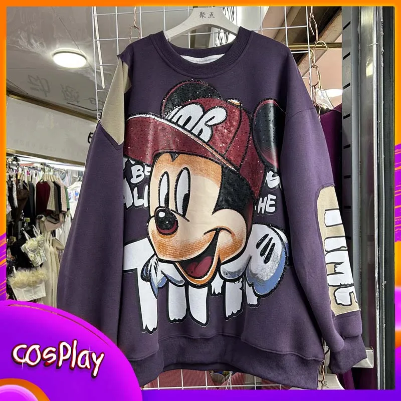 

Толстовка с Микки Маусом, пуловер с блестками и мультяшным принтом Диснея, толстовка с длинными рукавами, повседневный модный свободный топ с круглым вырезом, женская одежда