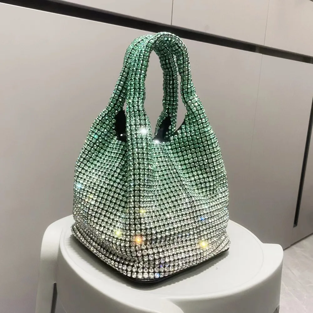 Gradient Color Full Diamond Bucket Bag for Women 2023 New Diamond Bucket Bag Rhinestone Chain Bag Hand-held Crossbody Bag