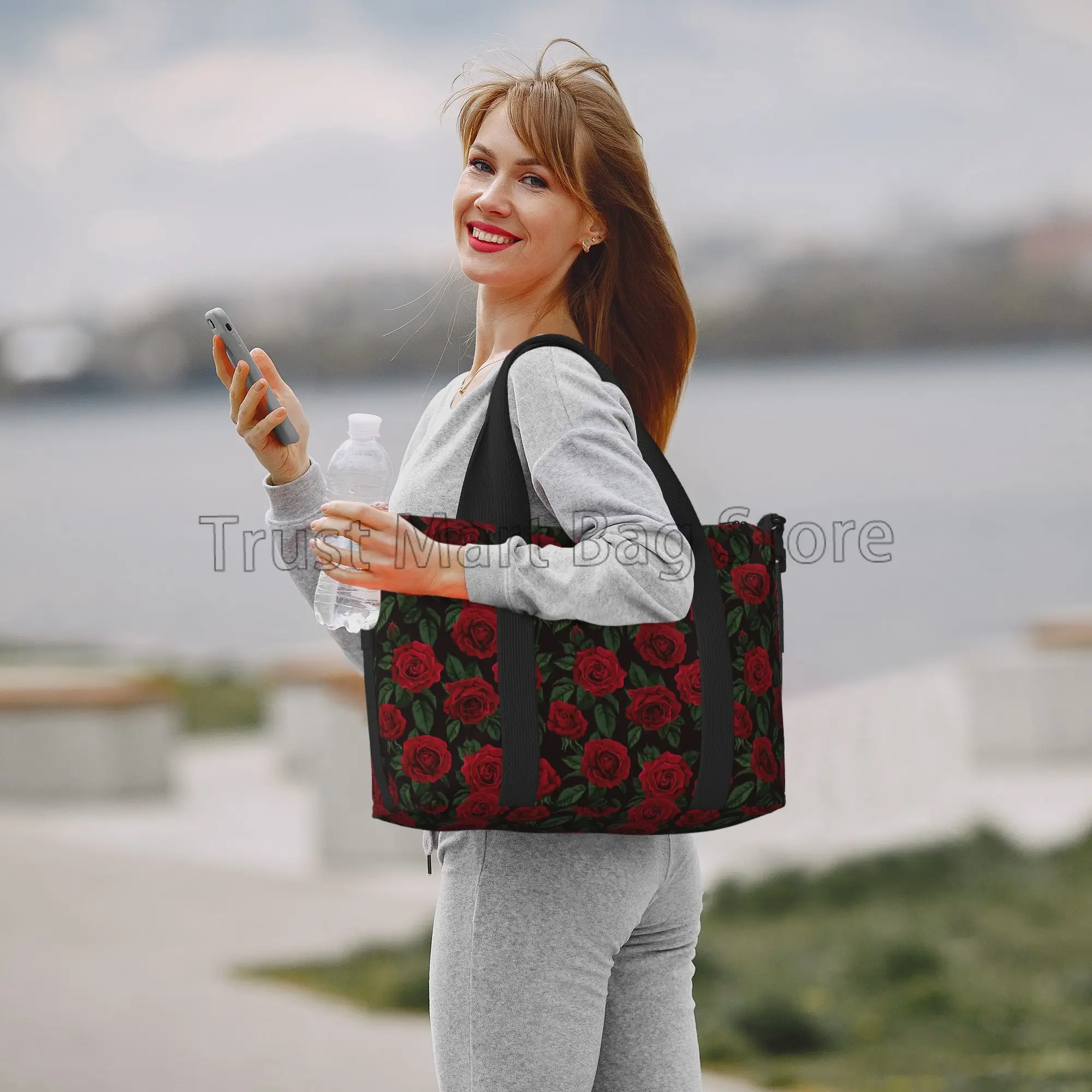 Red Rose Flower Print Travel Duffel Bags Women Ladies Weekender Overnight Bag Portable Waterproof Tote Bag for Gym Beach Daily