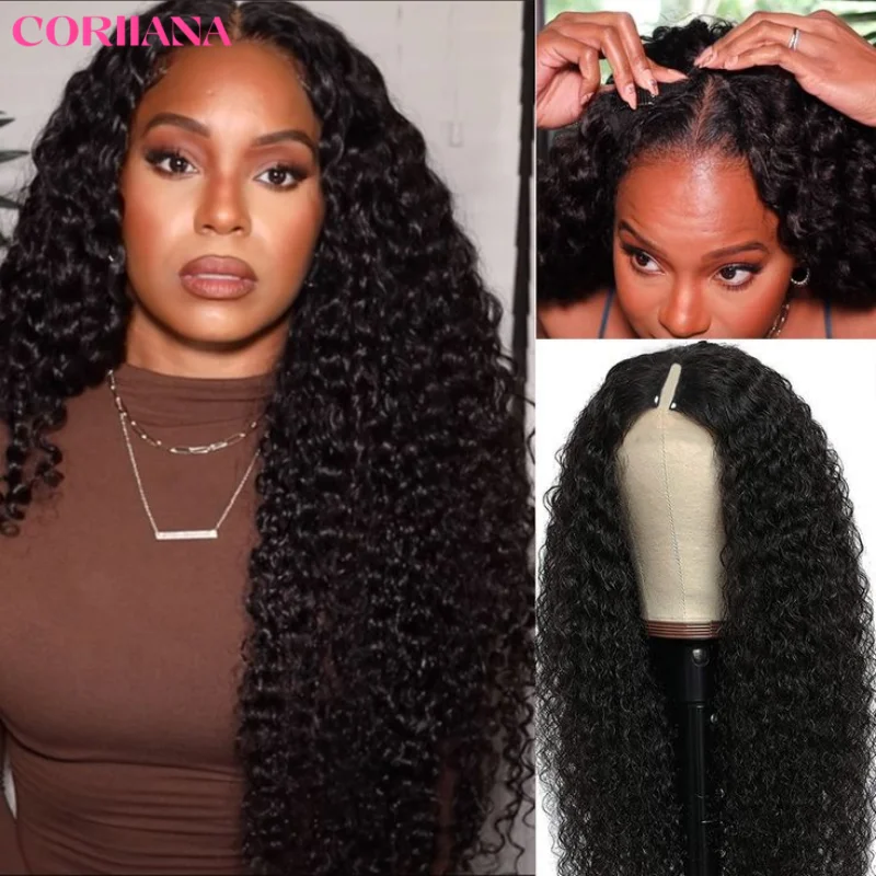 Water Wave Curly V U Part Wig Human Hair