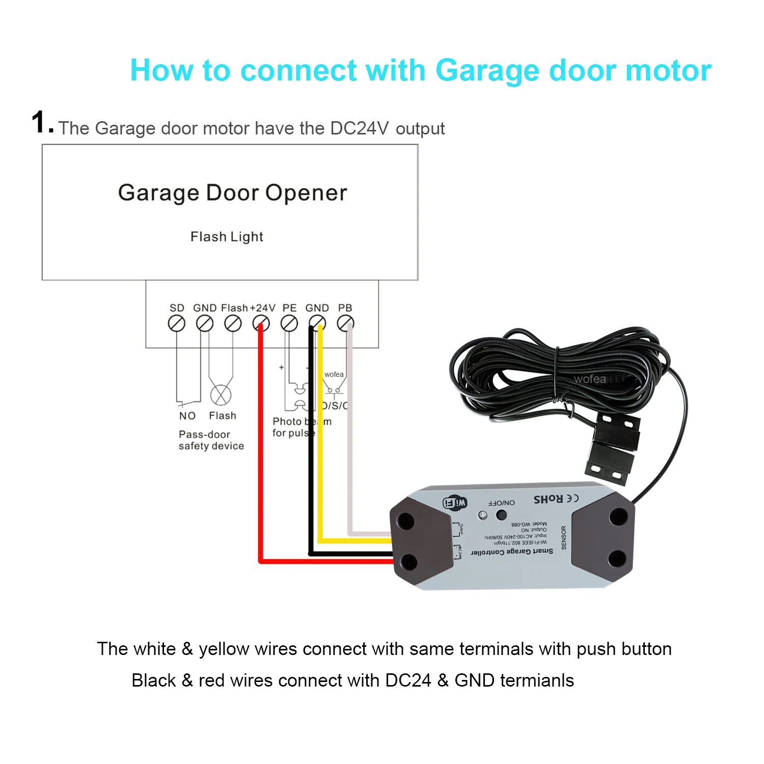 Wofea WiFi Smart Garage Door Opener Controller DC12 DC24V Wrok with Alexa and Google Home 2.4G APP NO Need Gateway