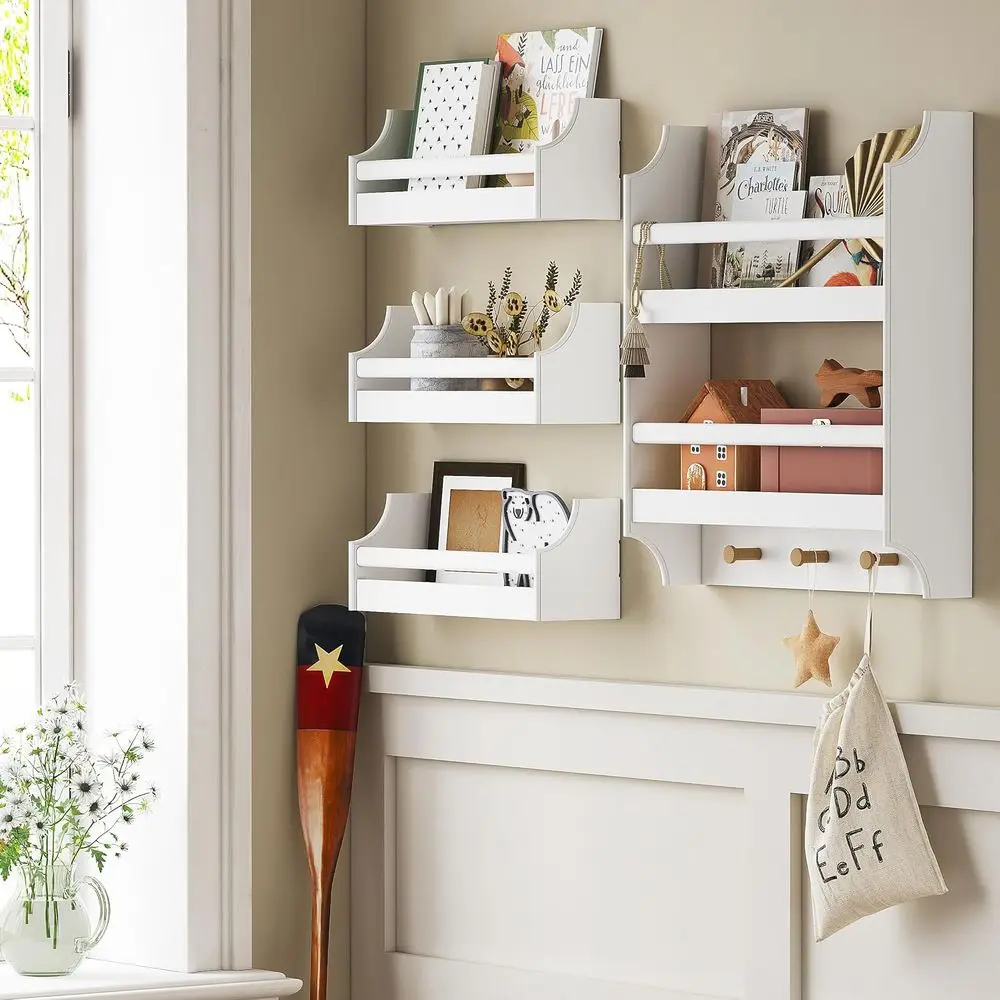 

loating Nursery Book Shelves with Hooks, 2-Tier Hanging Bookshelves or Wall Decor and Storage, Wall Mounted Baby Book Shel or Ki