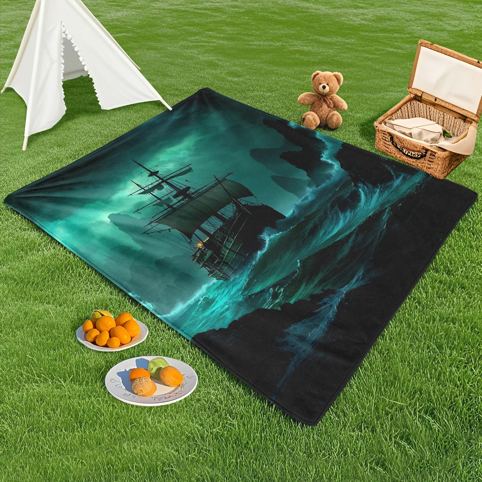 Emergent Ship By Jagged Rocks Blanket For A Lush And Enchanted Outdoor Adventure Across The Mystic Shore