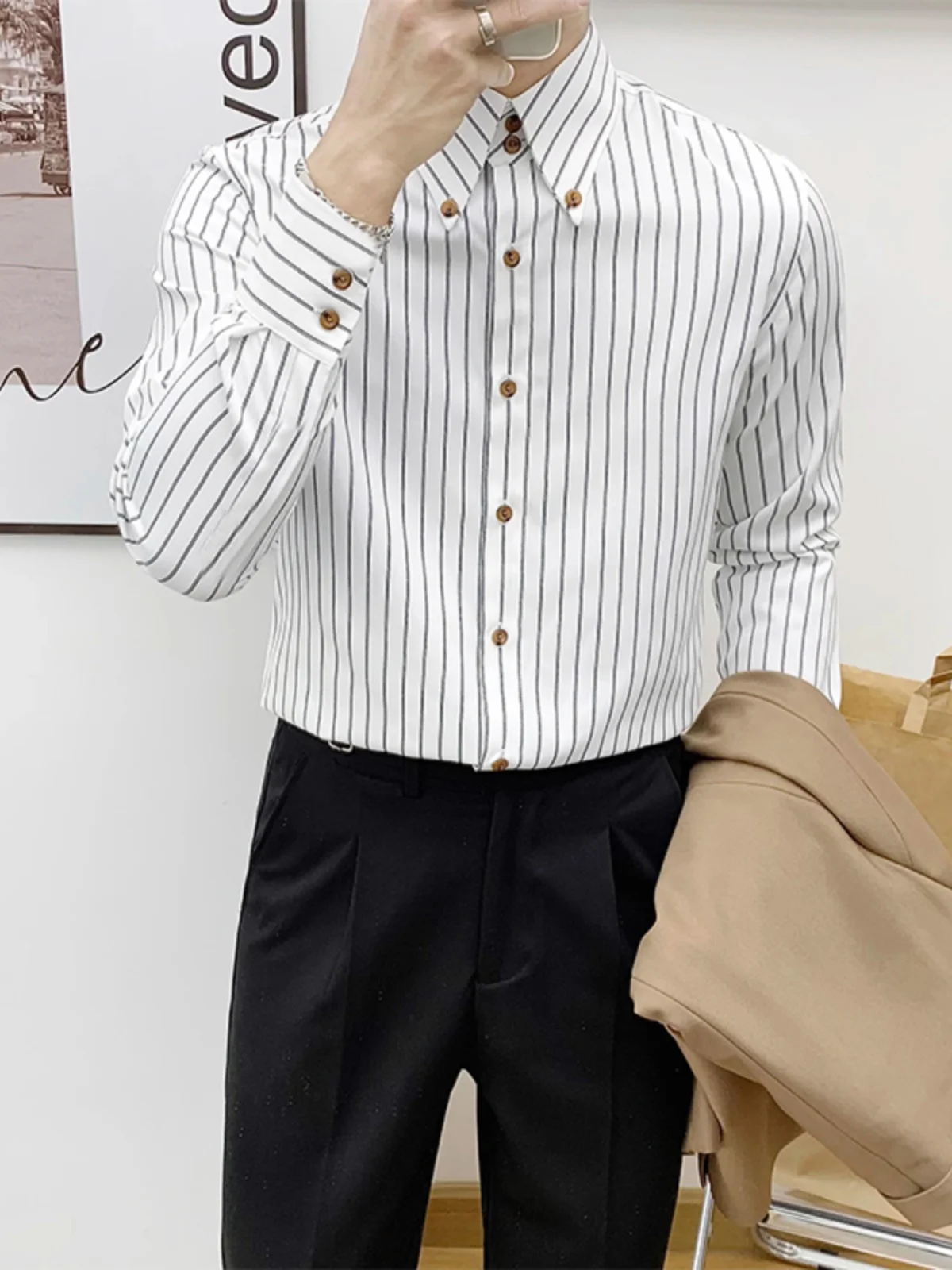 

Slim Fit Stripe irt Men's Korean Sle Button down Pointed Collar Casual Busin irt Design Sensation Spring Autumn New ...