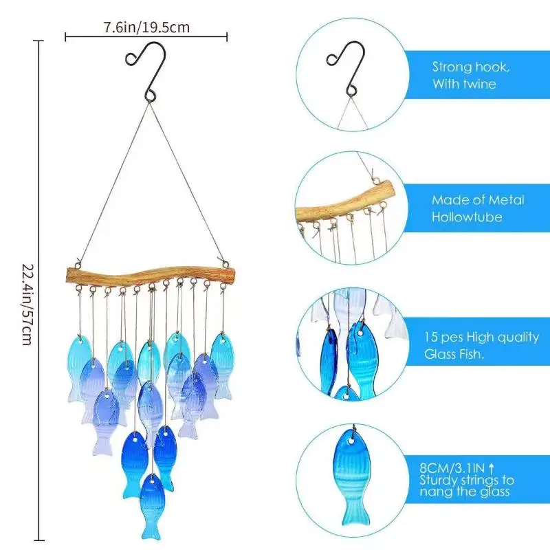 Blue Glass Sea Wind Chimes, Outdoor Glass Wind Chimes, Handcrafted Fish Wind Chimes, Large Glass Wind Chimes, Beach Parties, Wed view 6