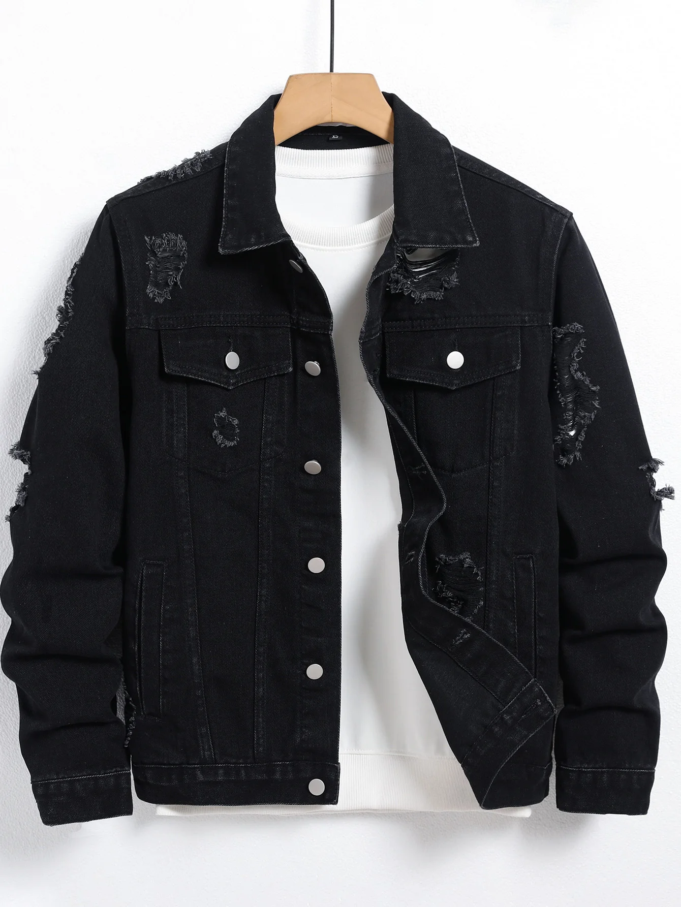 Men's Black Denim Jacket, Regular Fit Ripped Fashion Coat, Street Style Casual Outerwear Suitable for Daily Wear & Outings