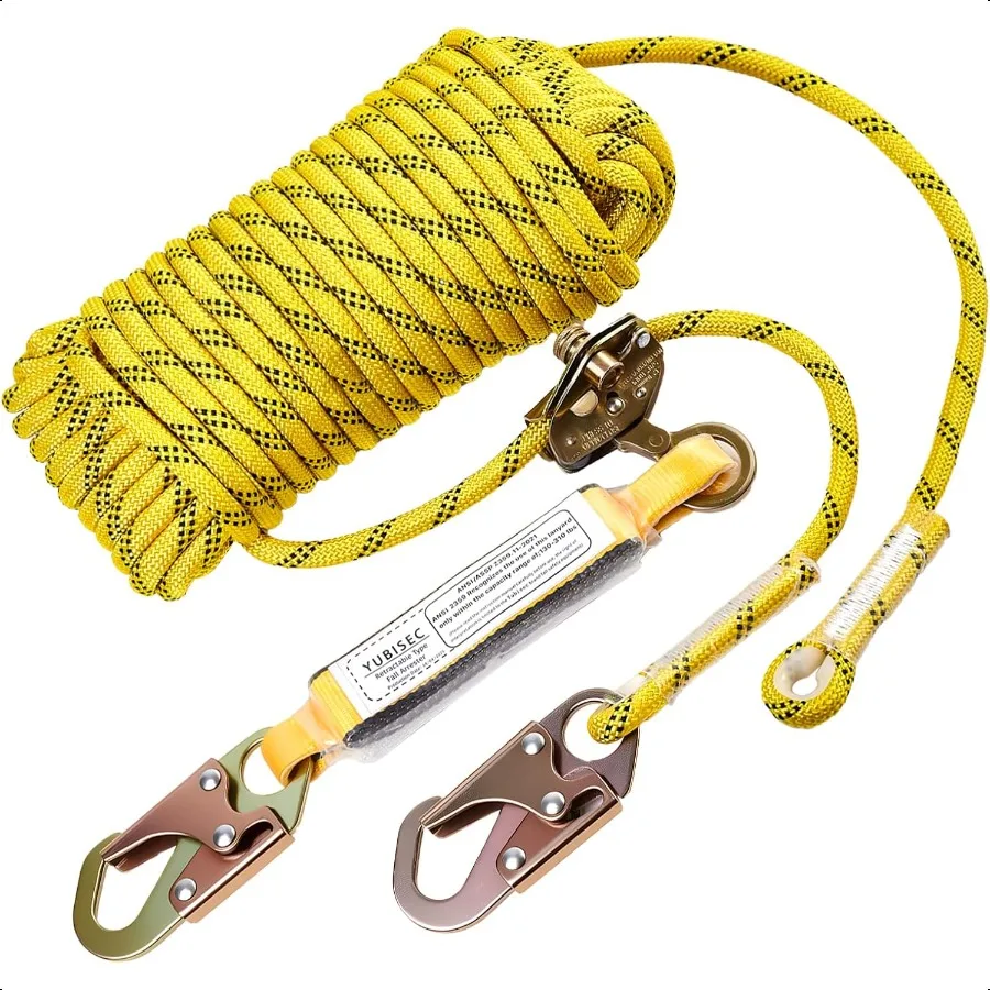 

Rope Harn Safety Lanyard 25FT Vertical Lifeline Assembly with Grab Snap Hooks Shock Absorber Fall Protection Tree Climbing Life