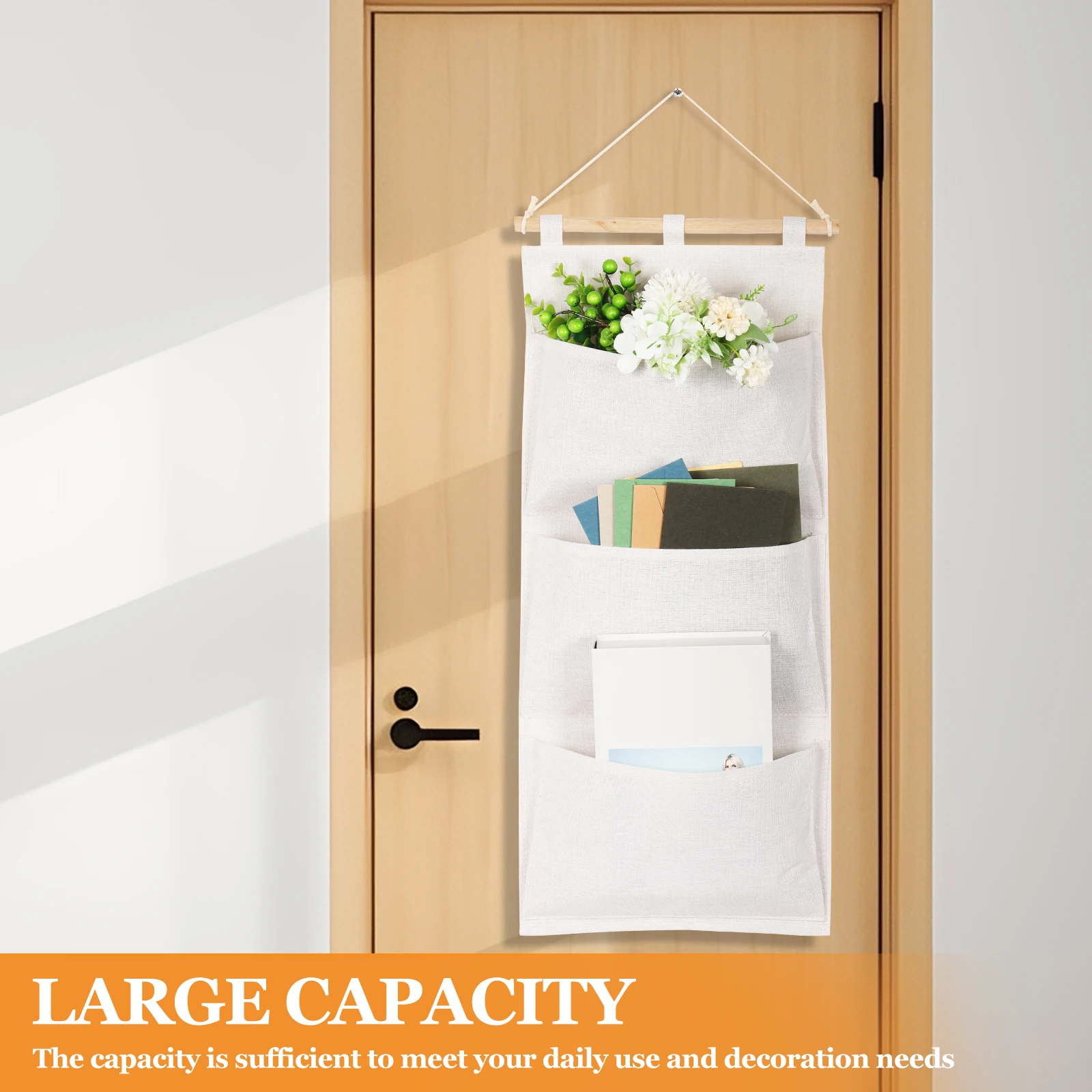 2 قطعة حقيبة تخزين فوق الباب من القطن والكتان حقيبة تخزين معلقة على الحائط مع 3 جيوب منظم تعليق خزانة ملابس متعدد الوظائف