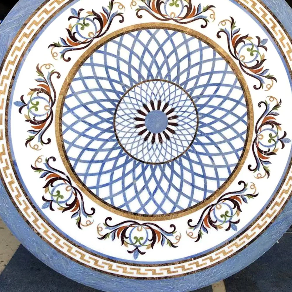 Luxury water spray marble medallion flower pattern stair floor tile design beige marble inlaid villa home floor