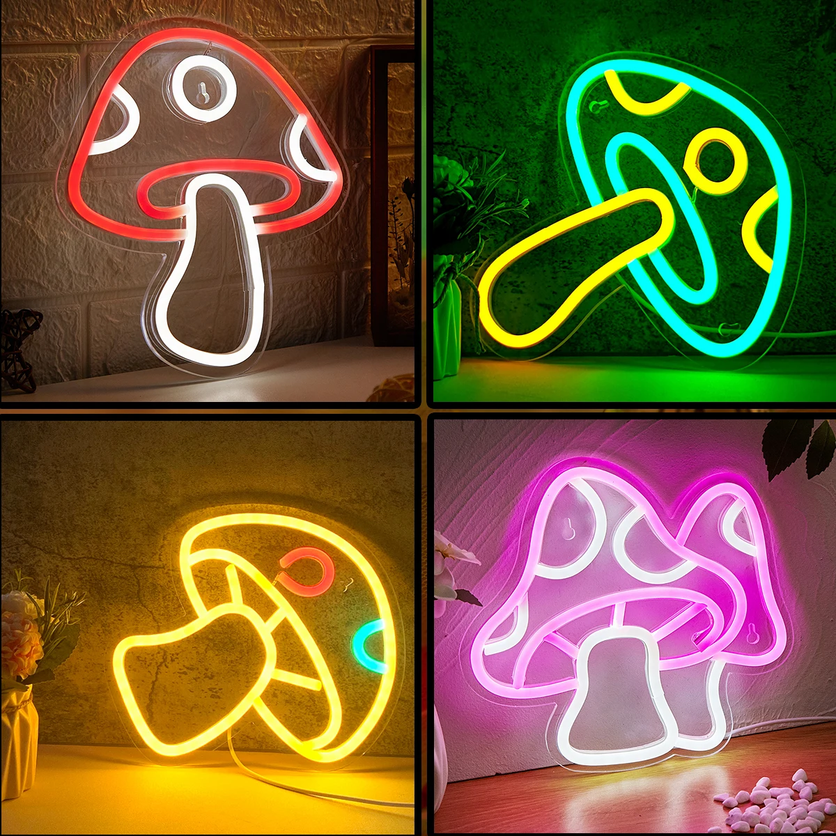 Chi-buy LED Neon Mushroom USB Powered Neon Signs Night Light 3D Wall Art & Game Room Bedroom Living Room Decor Lamp Signs