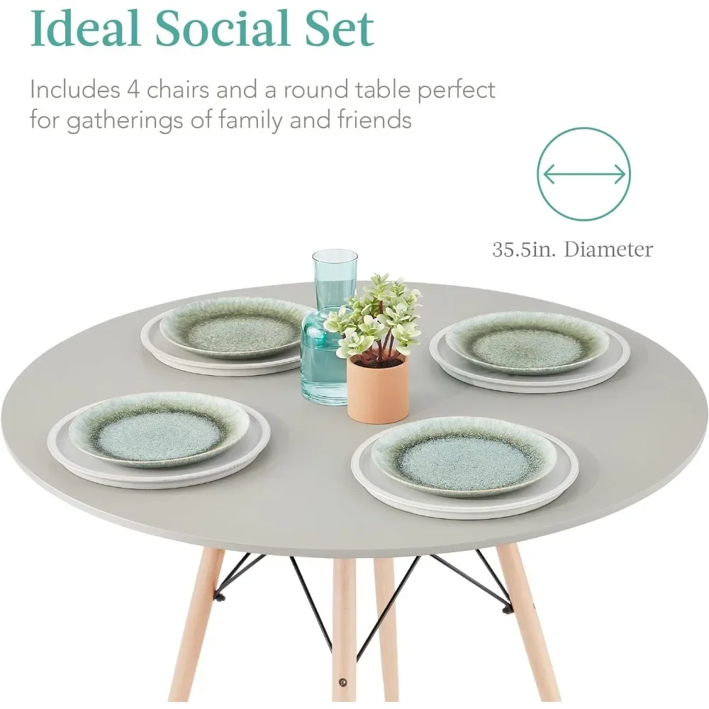 5-Piece Dining Set, Compact Mid-Century Modern Table & Chair Set for Home, Apartment w/ 4 Chairs, Plastic Seats, Wooden Legs