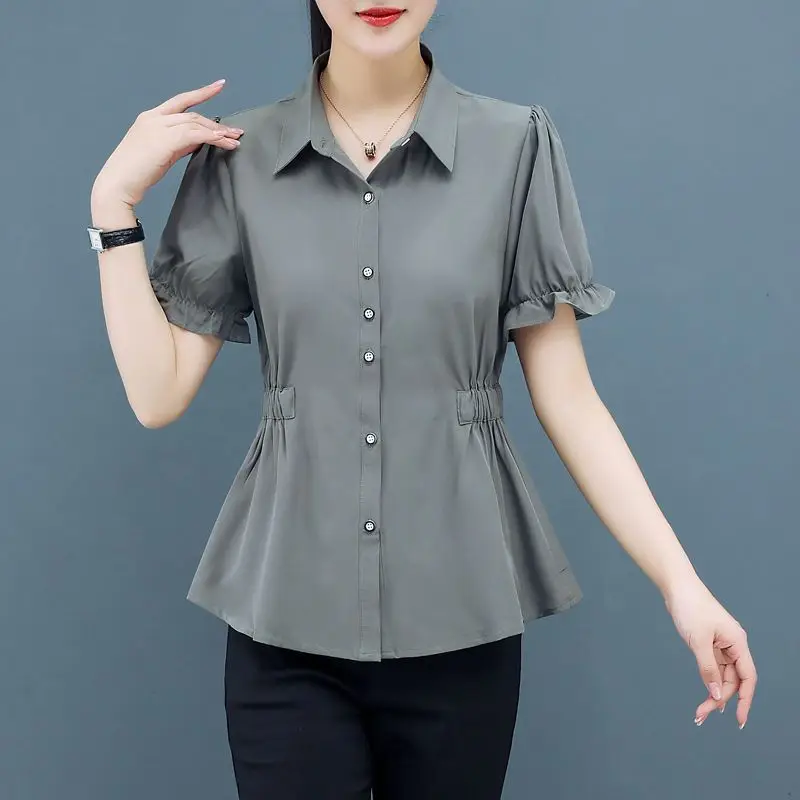 Office Lady Solid Color Shirt Fashion Shirring Waist Female Clothing Casual Turn-down Collar 2024 Summer Single-breasted Blouse