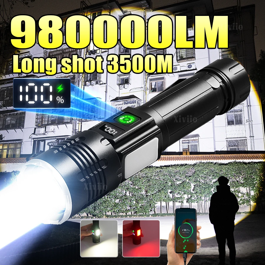 

Мощный фонарь COB 980000 лм, перезаряжаемый, с зумом, тактический, с цифровым дисплеем, водонепроницаемый, для кемпинга и рыбалки