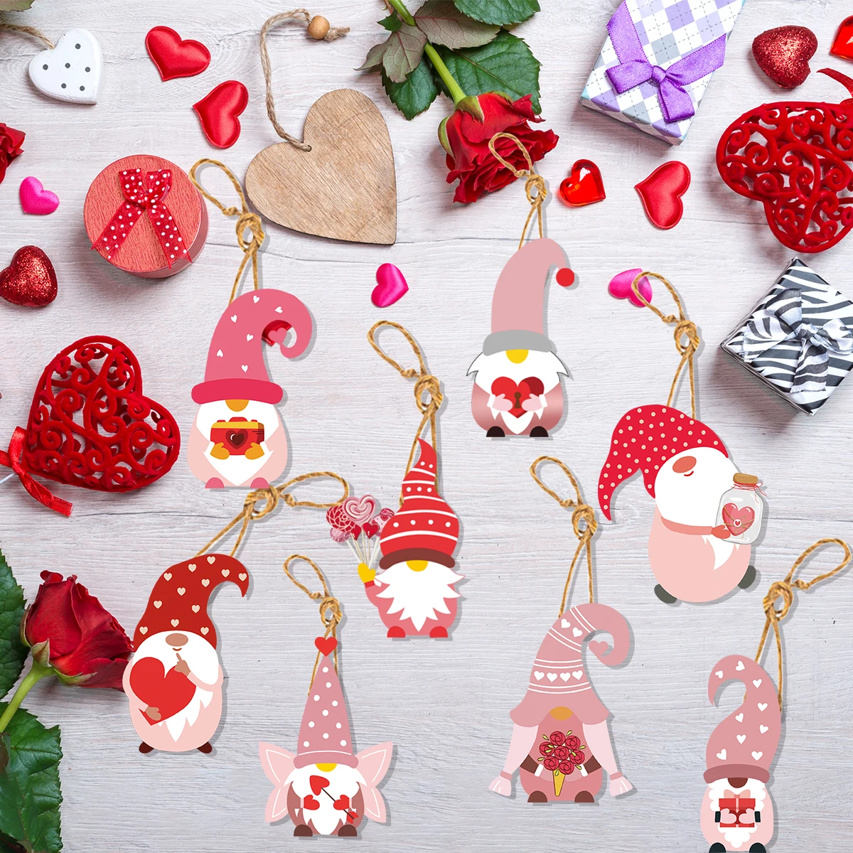 8pcs Valentine's Day Themed Party Outfits Different Style Pink Love Gnome Doll Paper Door Hanging Decoration Home Gift