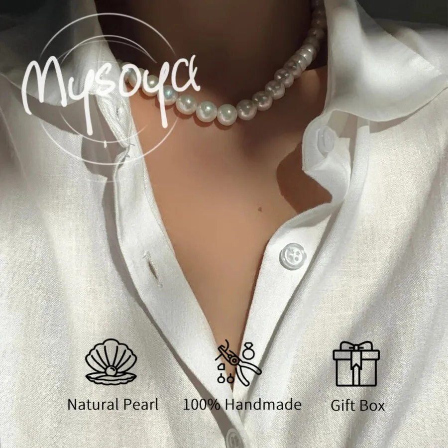 

MYSOYA 10-11mm White Pearl Necklace Large Natural Pearls With Gift Box Perfect Gift For Wedding Birthday Christmas New Year