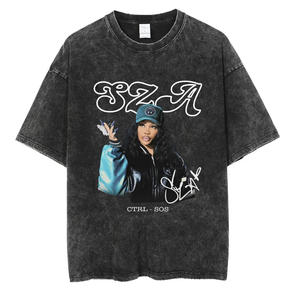 Limted Rapper SZA CTRL SOS Washed Fashion T Shirt Vintage Men Women T-shirt Oversized Hip Hop Cotton Popular T Shirts Streetwear