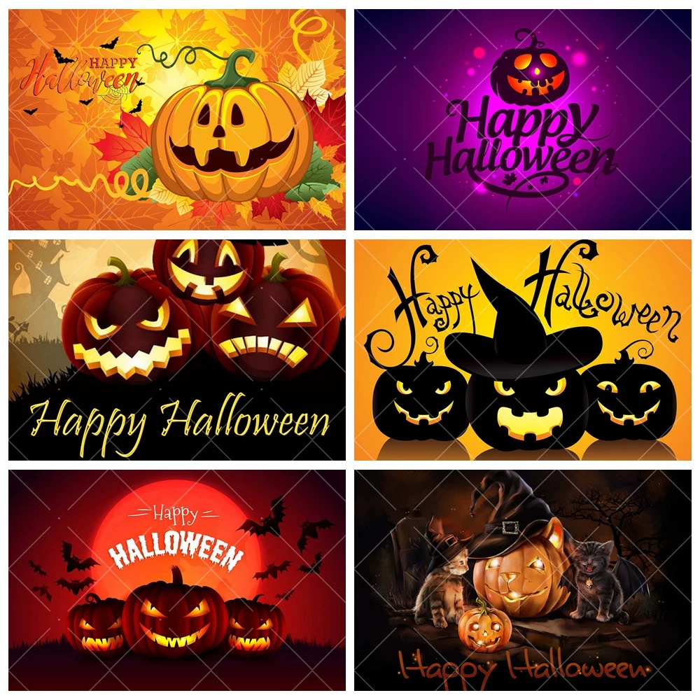 

Halloween Theme Photography Backdrop Custom Scary Pumpkin Lantern Bat Party Decoration Banner Orange Photography Background Prop