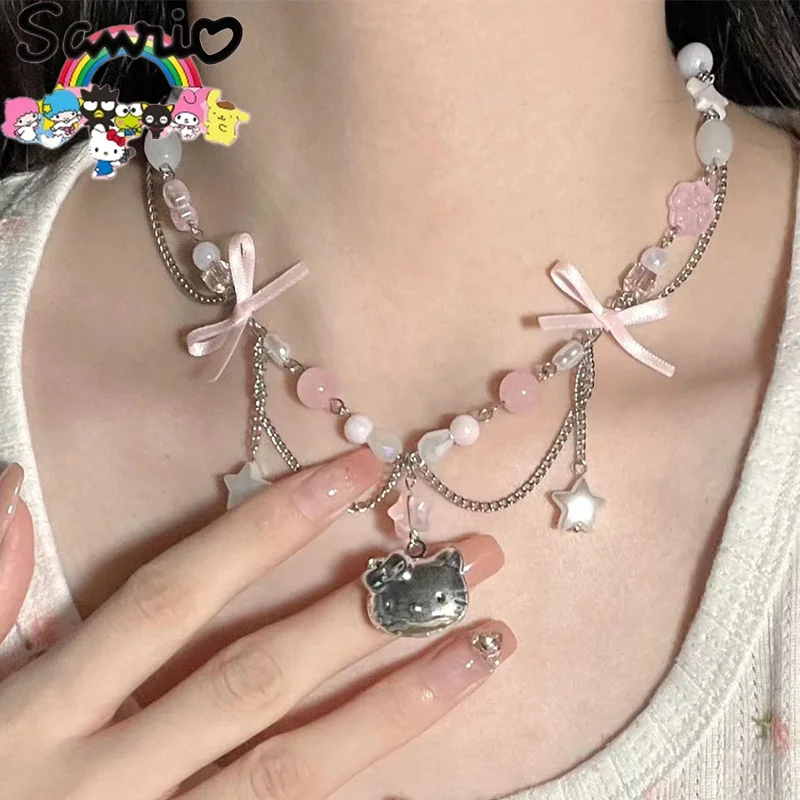 

Sanrio Necklace Princess's Sense of Luxury Customized Bow Beaded Double Layer Necklace, Cute Girl Heart Star Tassel Collar Chain