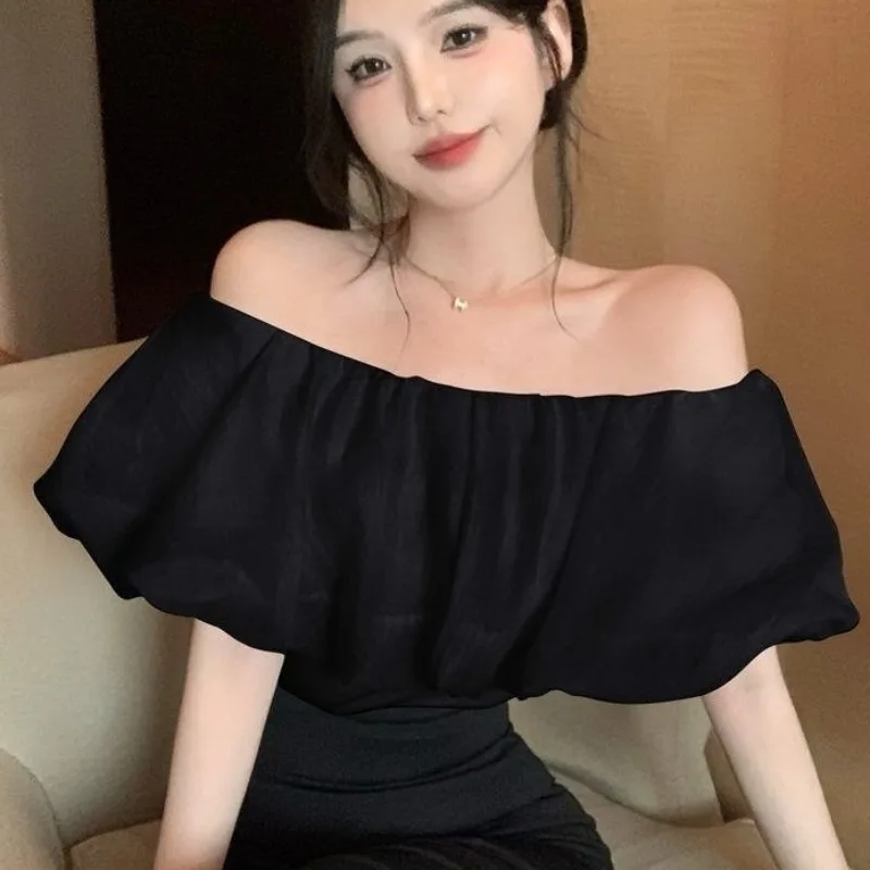 Slash Neck T-shirts for Women Solid Thin Summer Tops Korean Style Off Shoulder Chic New Trendy Fitness Elegant Female Minimalist