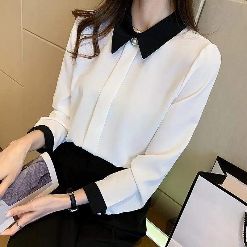 2024 Spring and Autumn Korean Fashion Minimalist Versatile Long Sleeve Blouses Loose Collar Solid Color Button Women\'s Shirt Top