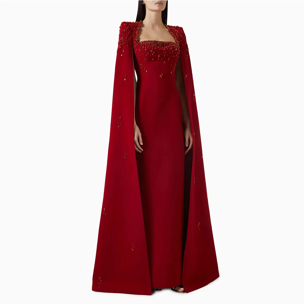 

Luxury Red Women's Evening Dress Sheath Square Collar Prom Dress Floor Length Cloak Sleeves Party Gown Beading Saudi Dress