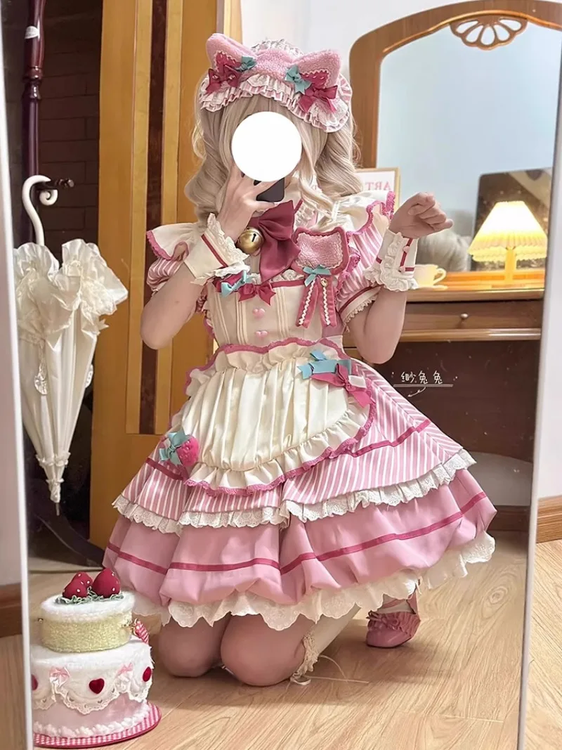 2025 novo verão japonês lolita lapela arco rosa e branco cor combinando cintura avental fino vestido para mulher