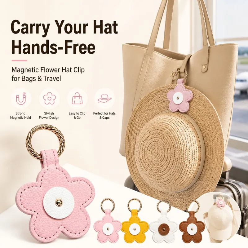 

Flower Magnetic Hat Clip PU Leather Portable Sun Hat Holder for Bag Travel Straw Hat Cap Organizer Keychain Charm