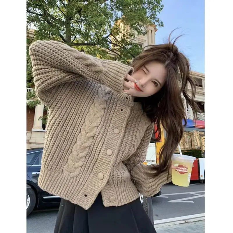 Korean Version Lazy Style Sweater Coat Women's College Style Loose Outer Wear Thickened Fried Dough Twists Long Sleeve Knitting