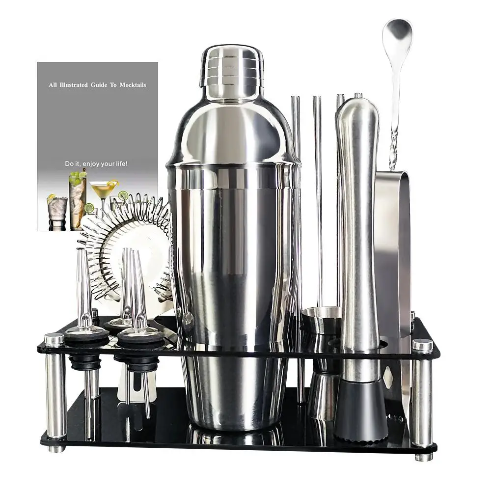 13 Piece Cocktail Shaker Set Stainless Steel Bar Tools with Black Stand, 750ml Shaker, Jigger, Spoon, Pourers