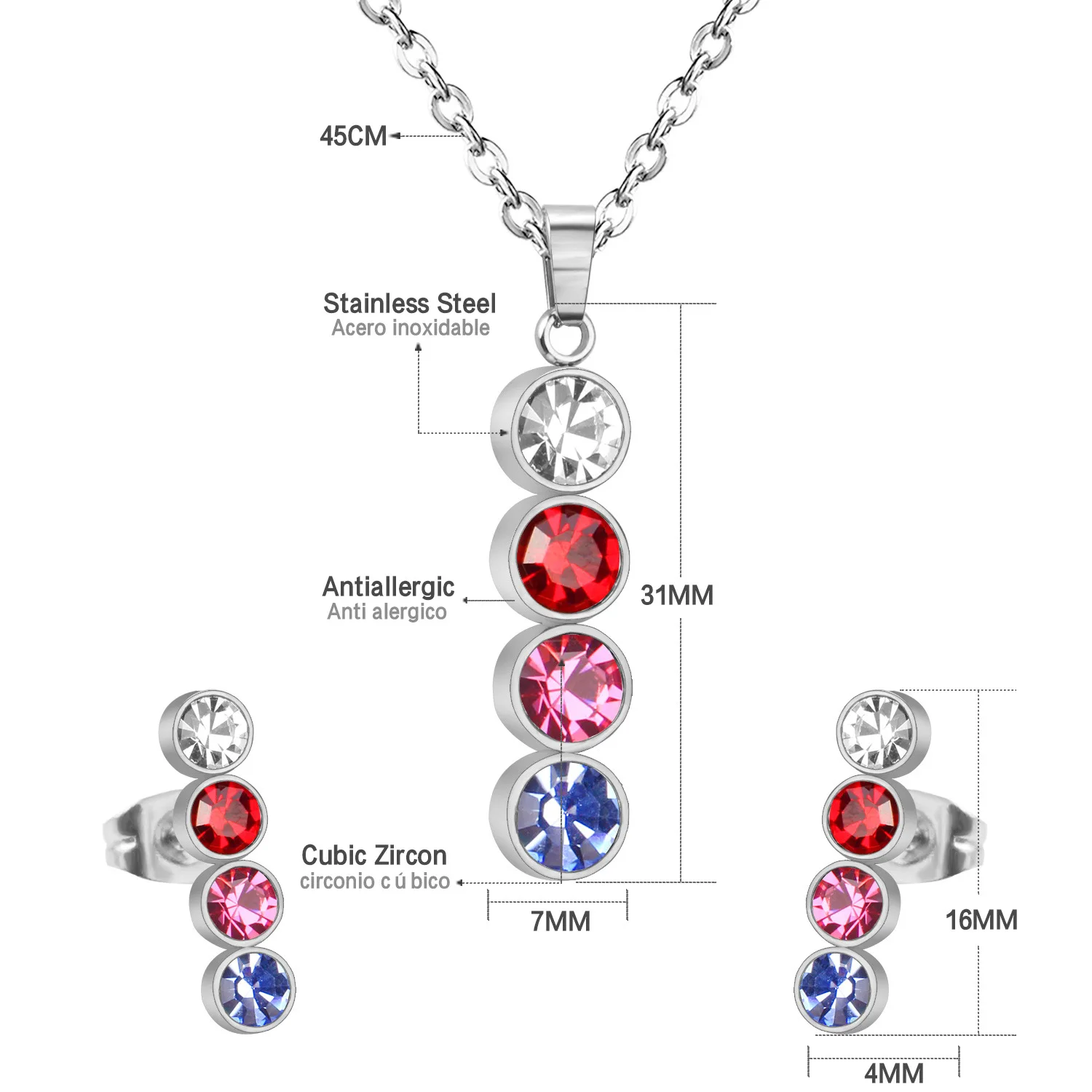 Mixed Rhinestone Bar Jewelry Set Stainless Steel Round Crystal Flower Pendant Necklace Earrings Set for Women Sweet Romantic Sty