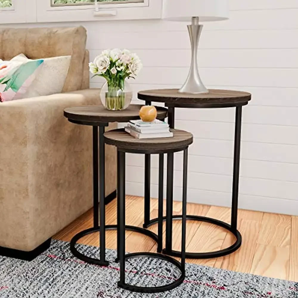 3-Piece Nesting Round Living Room End Tables Modern Style Gray-Brown Woodgrain-Look Metal Base Versatile Set Home Décor.