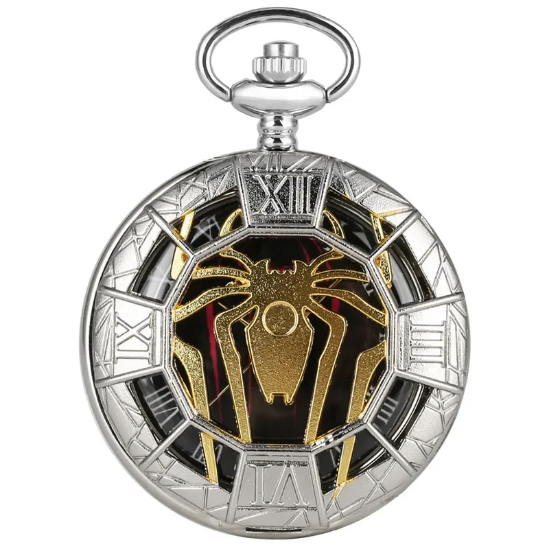 Steampunk Silver Hollow Out Spider Animal Cover Half Hunter Quartz Analog Pocket Watch Necklace Chain Animal Clock To Kid Reloj