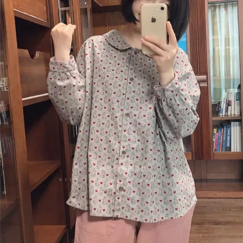 

Женская блузка в китайском стиле с принтом «Милый кролик», осенне-весенняя, с милым кружевным воротником-стойкой, повседневная, с длинным рукавом