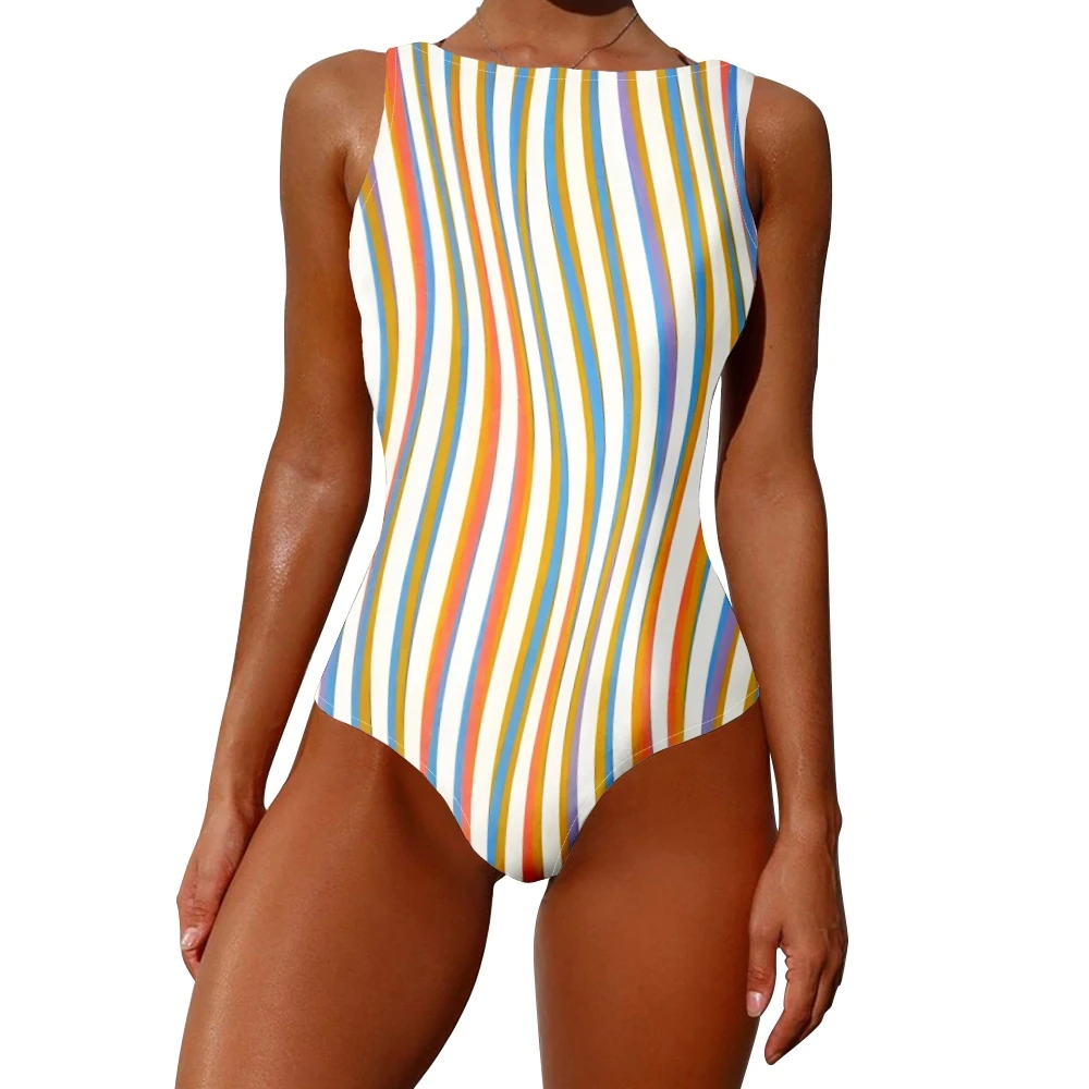 

One Piece Swimsuit Sporty Stripes Bold Color Lines Printed Casual Sportswear Swimwear Beach Swimming Bathing Suit Women Clothing