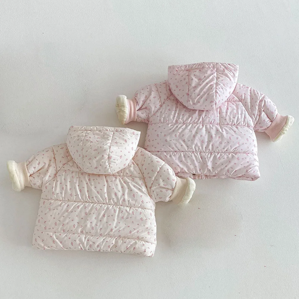 الفتيات السترات الشتوية مقنعين مبطن المخملية رشاقته الدافئة الثلوج ملابس الأطفال الأزهار عيد الميلاد طفل ملابس خارجية معاطف #2