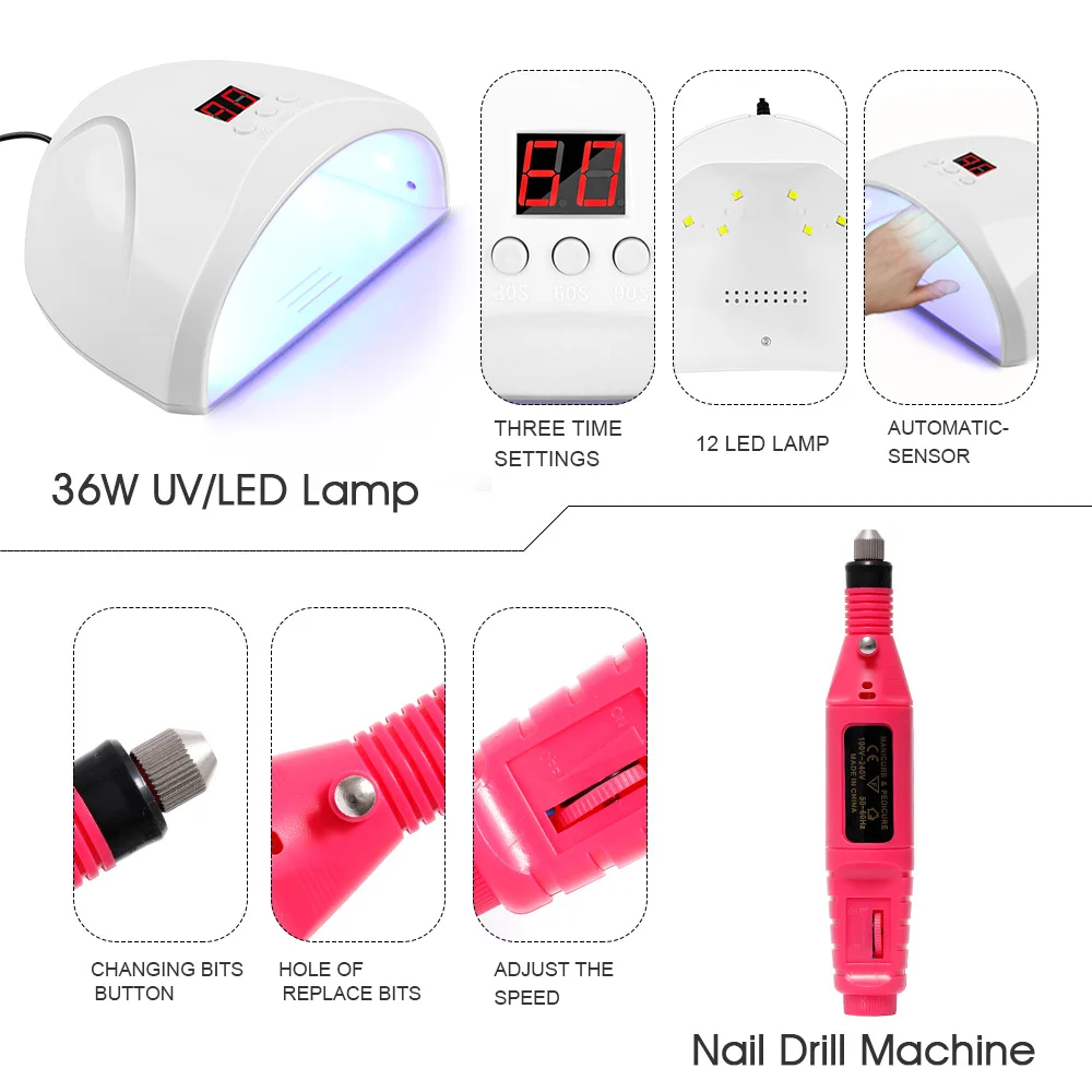 Professional Full Manicure Set 20 Colors Gel Nail Polish Set with UV LED Dryer Lamp Semi Permanent Gel Varnish Nail Art Tool Kit