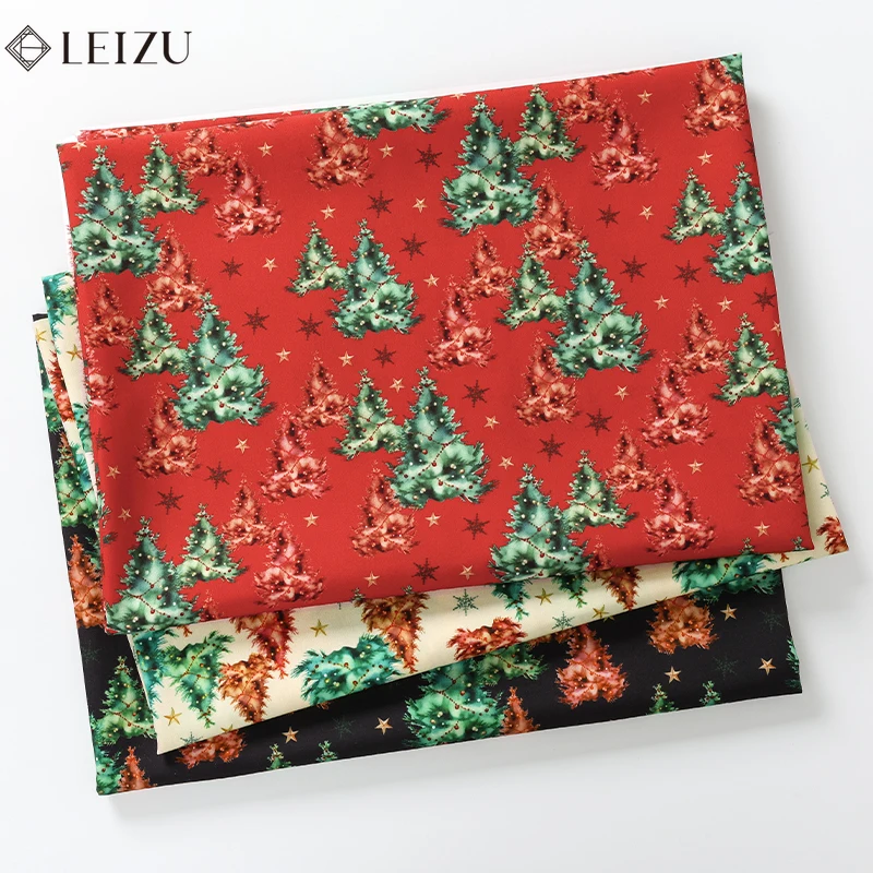 

0.5M/1M/2M Christmas Style Fabric Holiday Red Green Christmas Tree Print Festive Material for Sewing Tablecloth, DIY Decorations