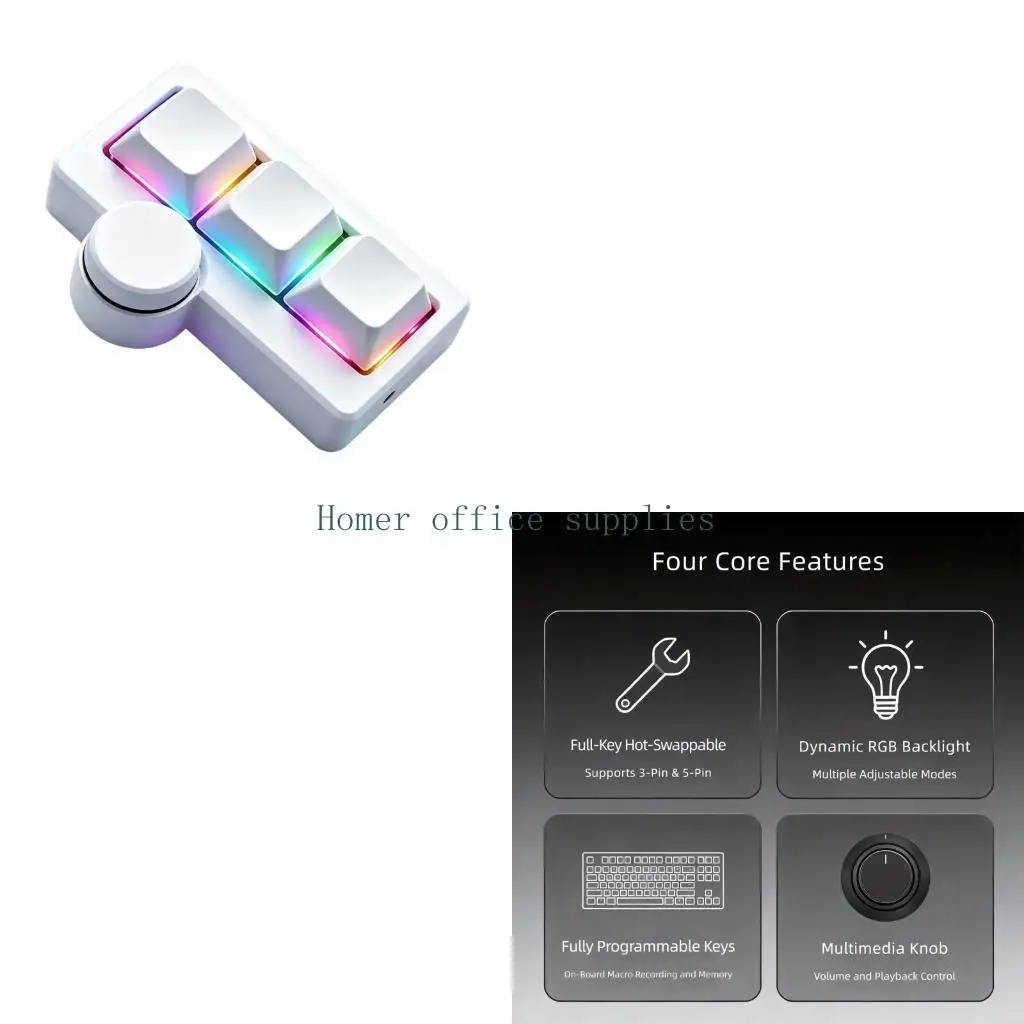 K43B 3 Lighted Control Keypad with Knob, USB Mechanical Command Keyboard for Gaming, Editing and Desk Input Daily