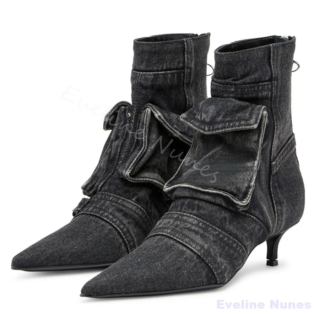 Blue Denim Pocket Boots Women Stylish Pointed Toe Kitten Heel Back Zipper Mid Calf Boots 2026 New Fashion Short Boots Large Size