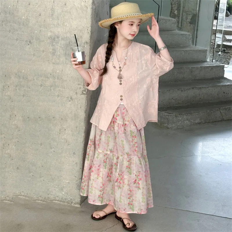 

Girl's Clothing Set 2025 New Summer Mid To Large Children's Fashionable Floral Skirt Three Piece Set Trendy