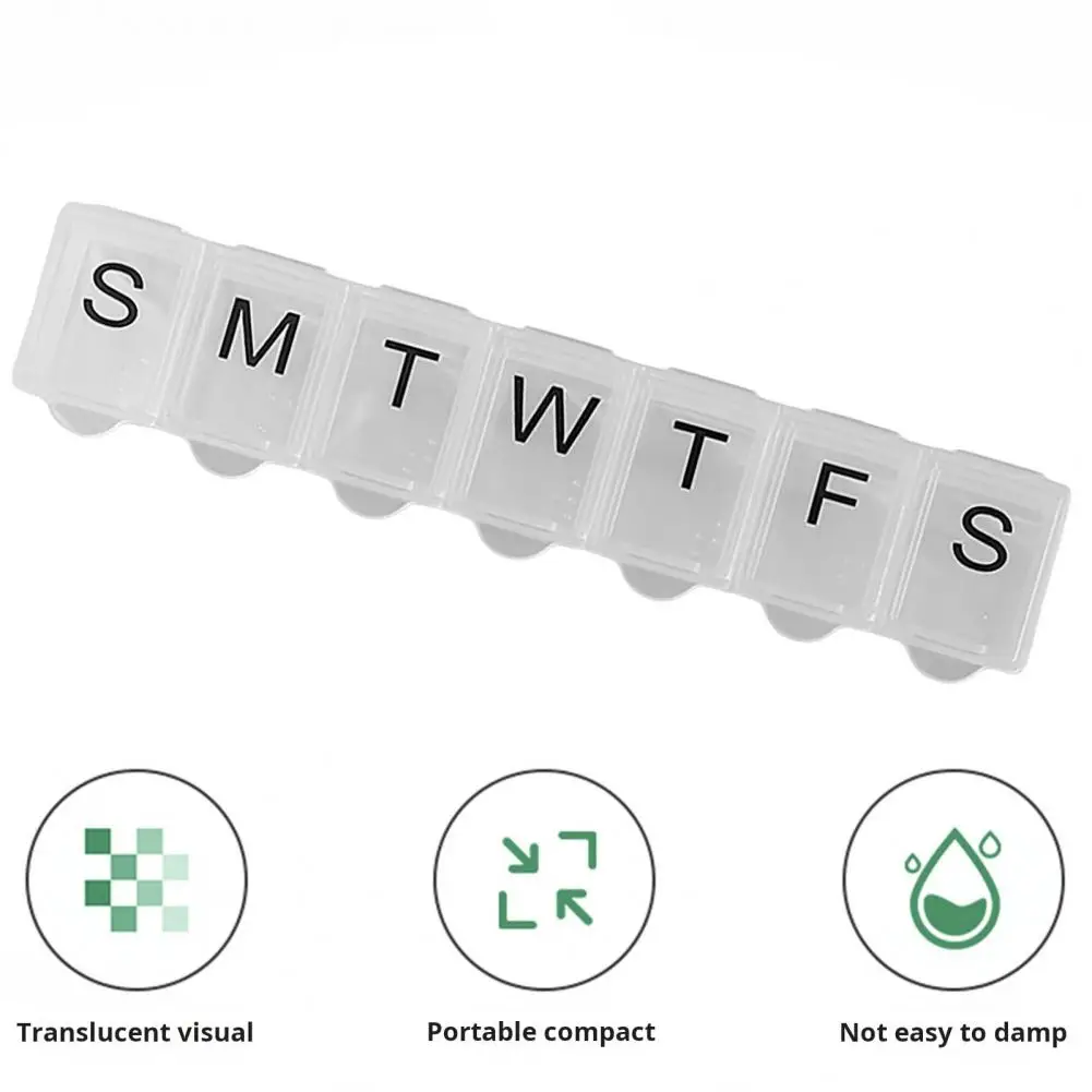 Portapillole scomparto con 7 griglie, copertura settimanale trasparente, data stampata, organizer per tablet da viaggio a prova di umidità, scatola per medicinali