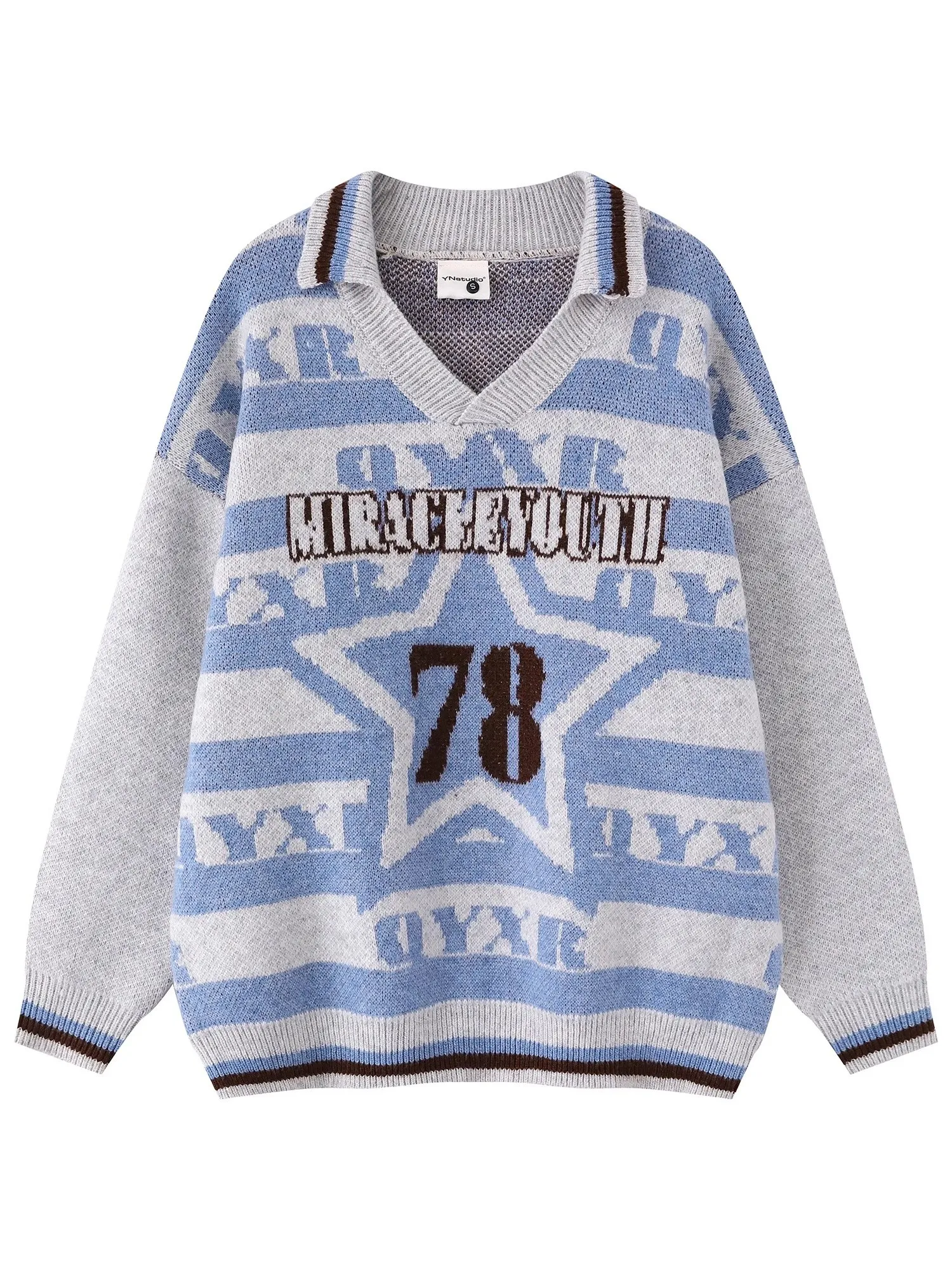 

Trendy Retro Letter Embroidery Sporty Collared Knitwear Loose Casual V-Neck Sweater for Women Autumn Winter Street Style