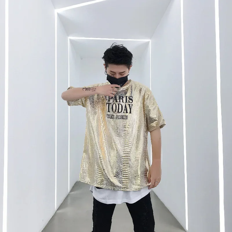 YASUGUOJI Moda Gümüş Metalik Yılan Desen T Gömlek Erkekler Disko Parti Glitter Tişörtleri Erkekler Tee Gömlek Homme Sahne Balo Camisetas