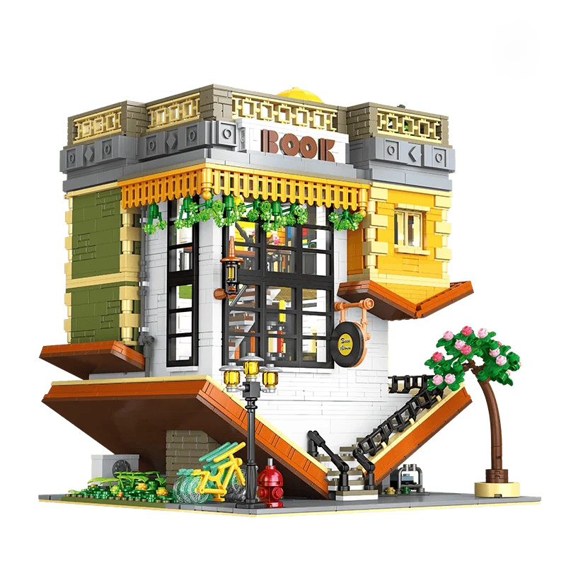 3621개 MOC 거꾸로 된 서점 블록 키트 조명 키트 포함 나만의 거리 풍경 건축 모델 성인용