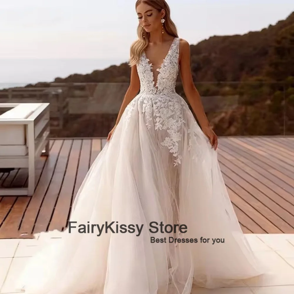 FairyKissy Boho A Line V-образным вырезом Свадебные платья Кружевные аппликации из тюля Роскошное платье невесты с разрезом Майка Свадебное платье Vestido De Novia