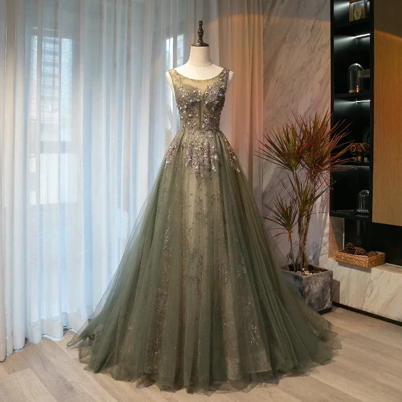 Evening Dress Quality Olive Green Tulle Glitter O-neck Sleeveless Lace up A-line Floor Length Plus size Women Party Formal Gown